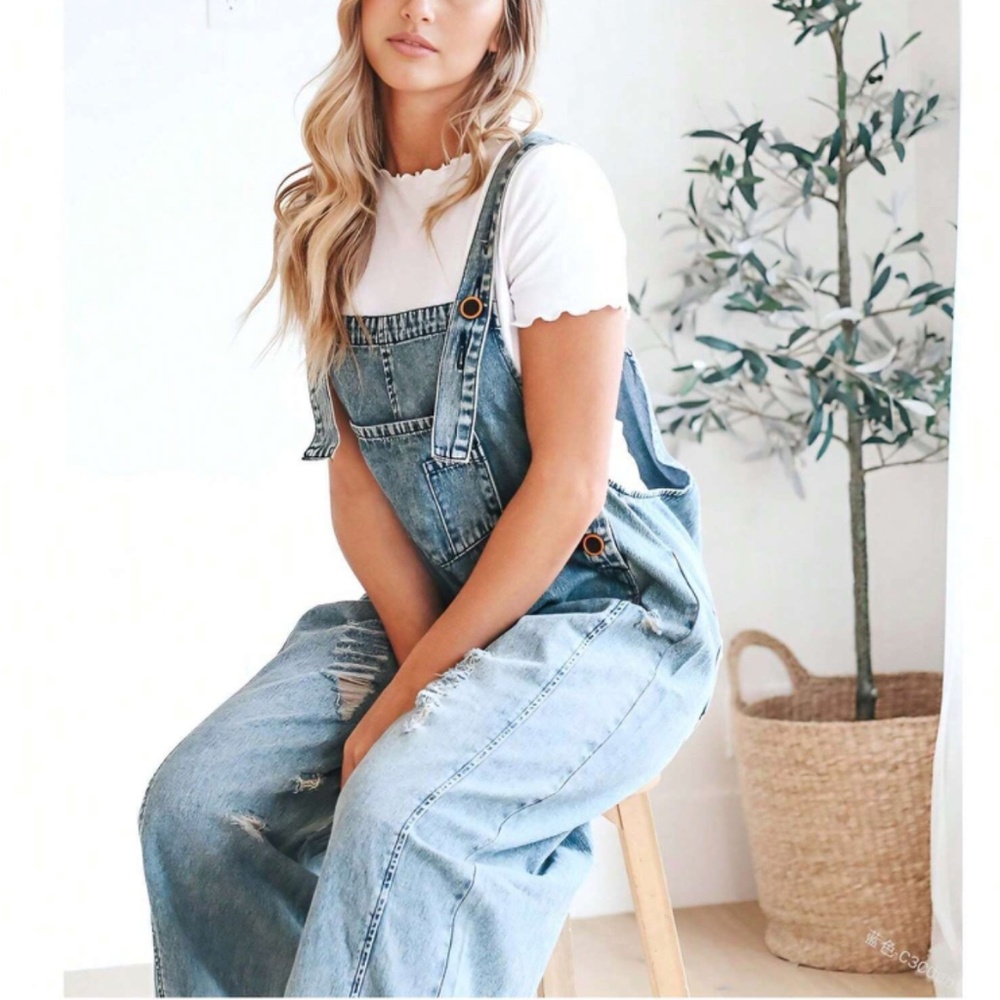 Dark Blue Distressed Wide Leg Adjustable Strap Denim Jean Overalls - Picture 5 of 9
